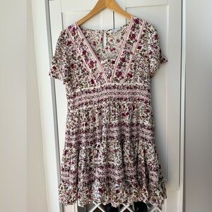 PATRONS OF PEACE Pink Red Floral Flowy Swing Dress Size XS